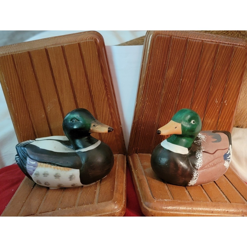 Vintage Mallard Duck Bookends Wood Ceramic Hand Painted Mid Century Rustic Decor
